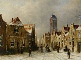 Figures in the streets of a snow covered dutch town by Pieter Gerard Vertin